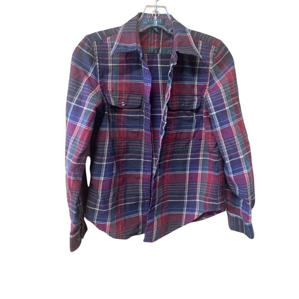 Women's Petite XS Lauren Ralph Lauren Plaid Button Down Burgundy Shirt Cotton